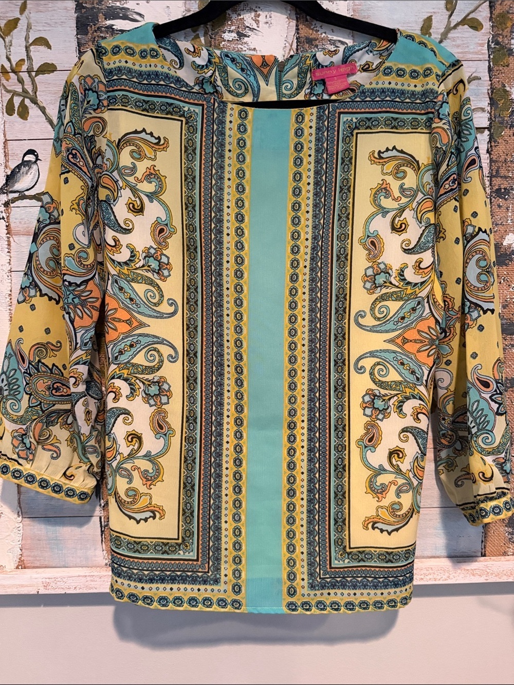 Sunny Leigh Yellow and Aqua Paisley Border Top